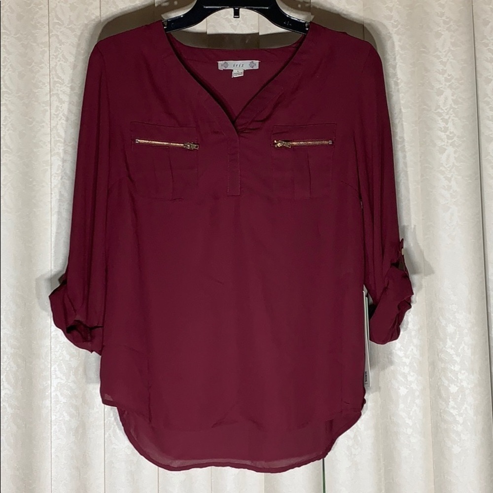 Iris Los Angeles Maroon chiffon tab sleeve top large new